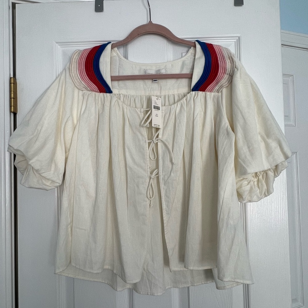 NWT Anthropologie Tie Front Copenhagen Top, White with Colorful Collar, One Size